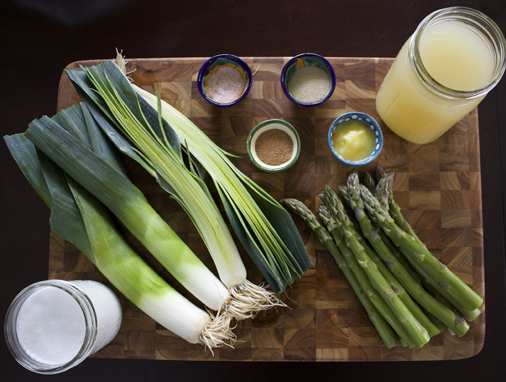 Asparagus-cutting board-leek-broth-coconut milk
